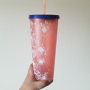 Pink Starbucks tumbler with white cactus design